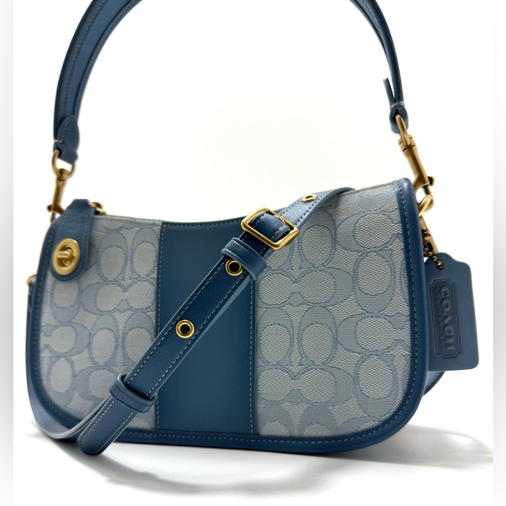 Coach Swinger Bag Signature Jacquard Burnished Blue Leather NWT